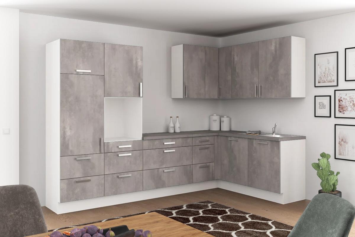 Eckküche Ip1200 ohne Geräte 320x185 cm Betonoptik - Grau, Basics (320/185cm)