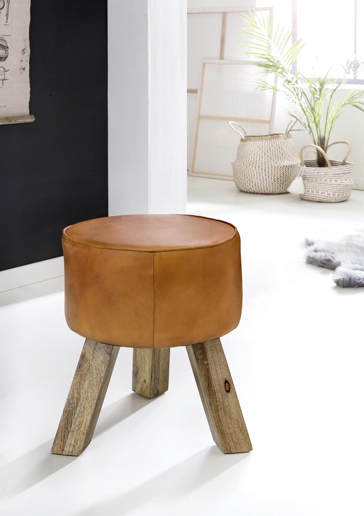 Hocker Leder Braun Sitz Gepolstert H: 45 cm Rund - Braun, Natur, Leder (37/45/37cm) - MID.YOU