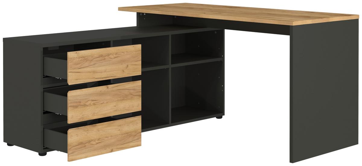 Eckschreibtisch Mit Stauraum B 146 Cm H 75 Cm Lissabon - Eichefarben/Graphitfarben, MODERN, Holzwerkstoff (146/75/145cm) - Germania