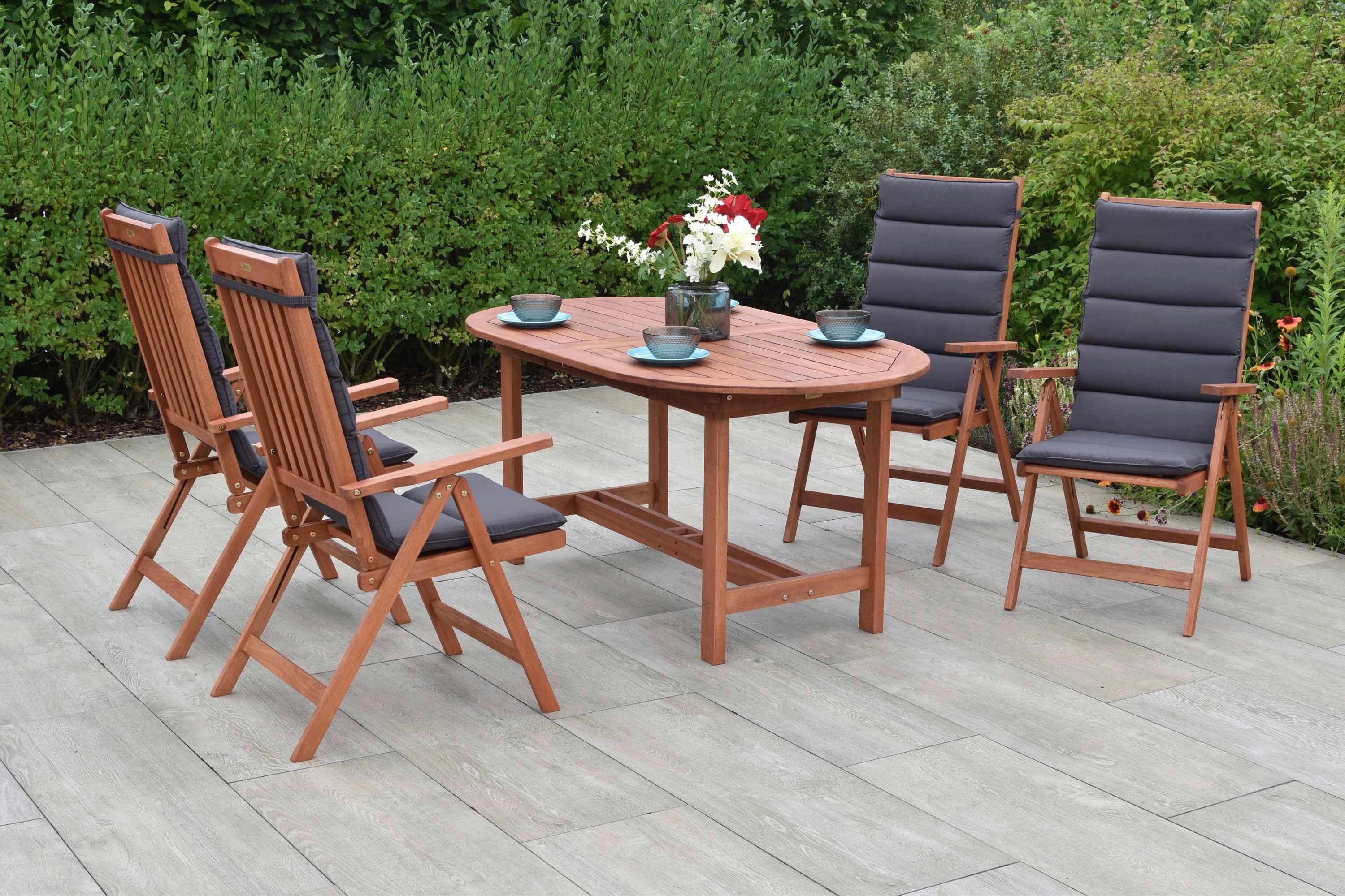 Gartentischgruppe Vitoria 5--Teilig. aus Holz mit Auflagen - Eukalyptusholzfarben/Grau, KONVENTIONELL, Holz/Textil - Gardenson
