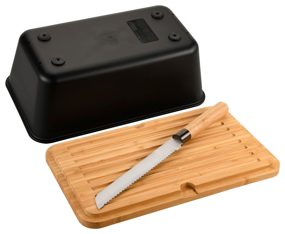 Brotbox Schwarz mit Messer - Hellbraun/Schwarz, Basics, Holz/Kunststoff (34,8/20/15,5cm) - Kesper