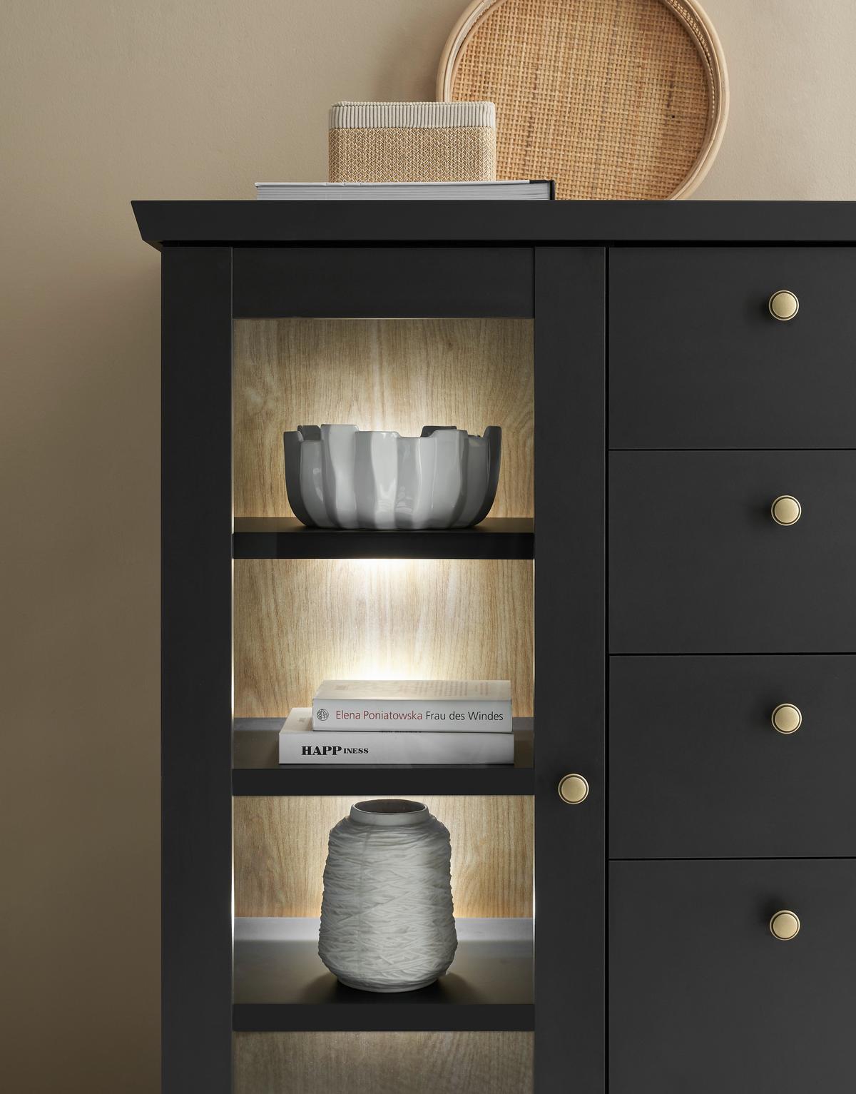Highboard Lincoln Schwarz/Eichefarben B: 129cm - Eichefarben/Schwarz, Design, Holzwerkstoff (129/118/42cm) - MID.YOU
