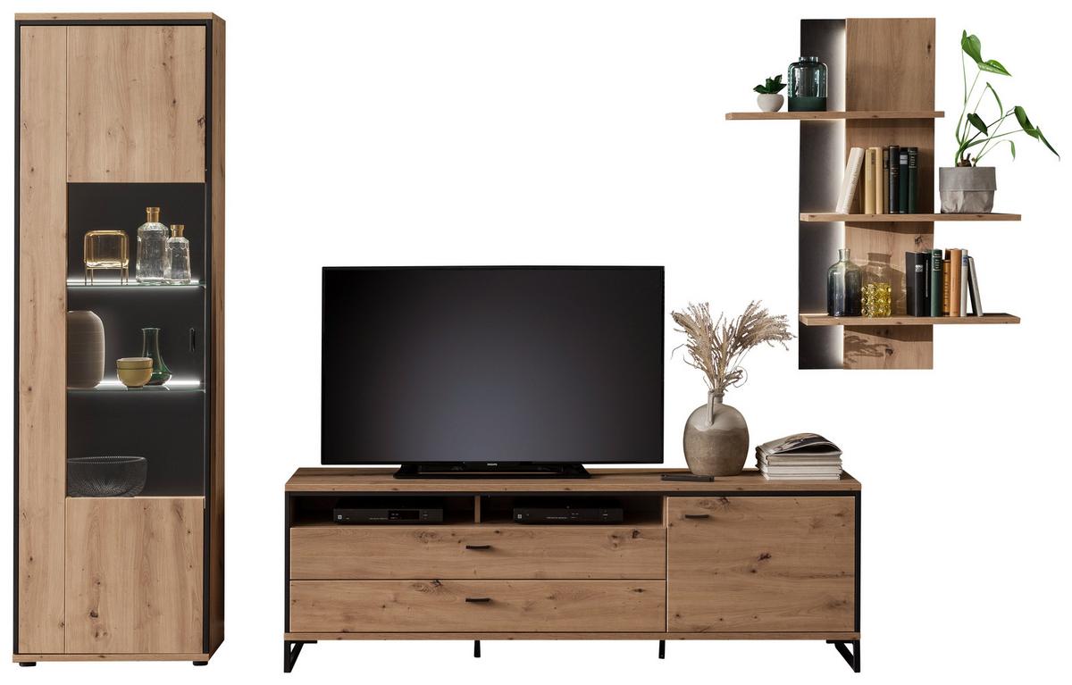 Wohnkombination 3-Tlg. Buenos Aires Anthrazit/Eichefarben - Eichefarben/Anthrazit, Design, Glas/Holzwerkstoff (307/210/50cm) - MID.YOU