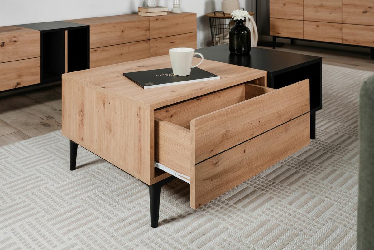 Couchtisch Mit Schublade Und Fach Nola, Eichefarben/schwarz - Eichefarben/Schwarz, KONVENTIONELL, Holzwerkstoff/Kunststoff (100/55/40cm) - MID.YOU