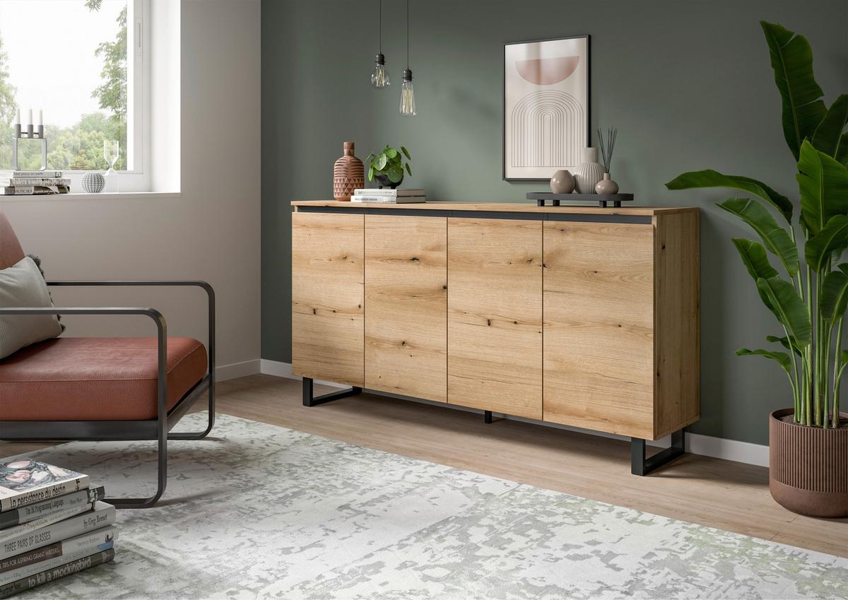 Sideboard Tomasa Eiche Dunkel B: 160 Cm - Eiche dunkel/Schwarz, Design, Holzwerkstoff (160/84/36cm) - Livetastic