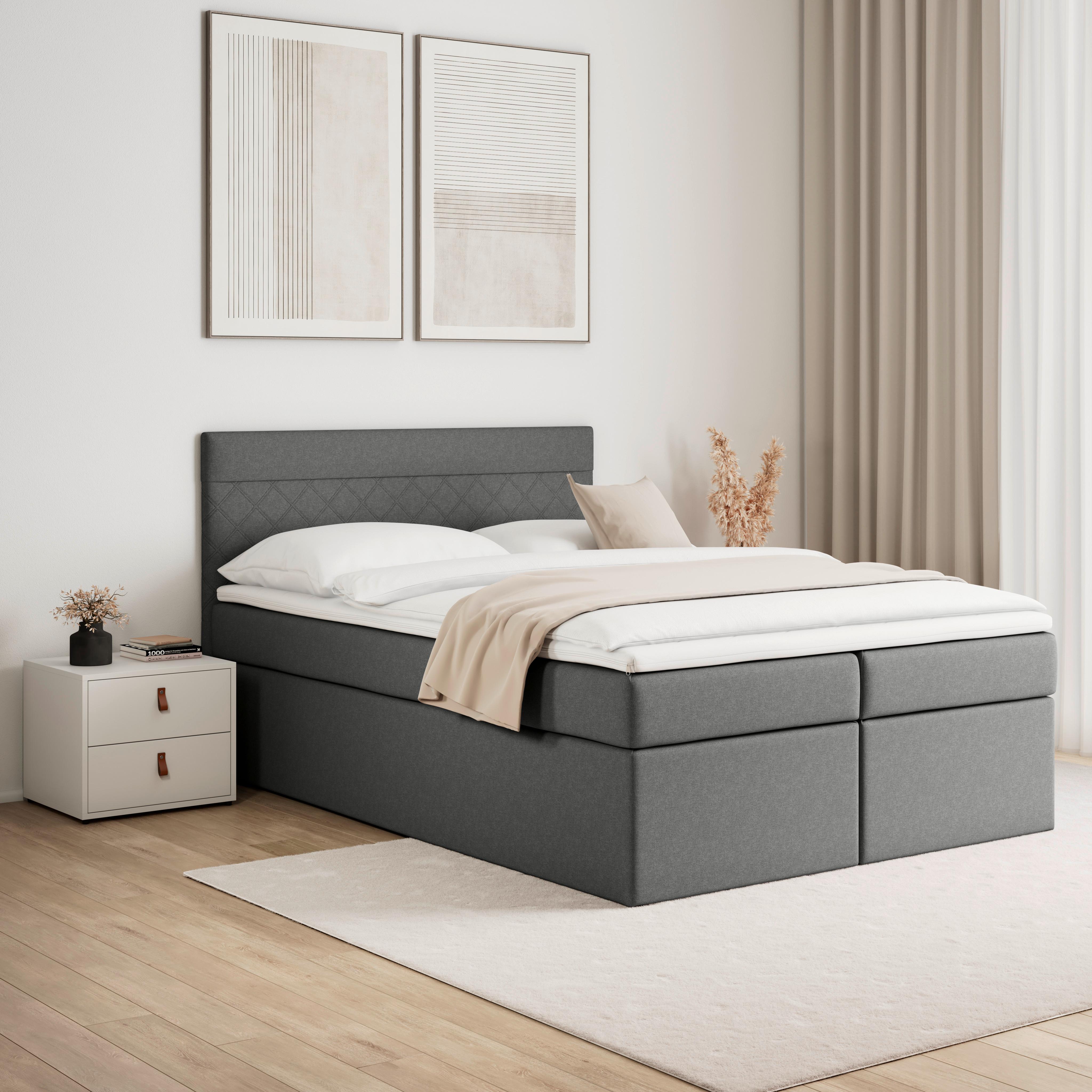 Boxspring postel s topperem Rosa 140x200 cm, tmavě šedá - šedá/černá, Moderní, dřevo/kompozitní dřevo (140/200cm) - Bessagi Home