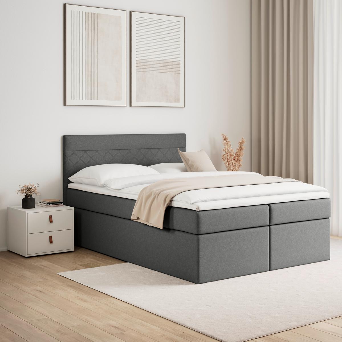Boxspring postel s topperem Rosa 140x200 cm, tmavě šedá - šedá/černá, Moderní, dřevo/kompozitní dřevo (140/200cm) - Bessagi Home