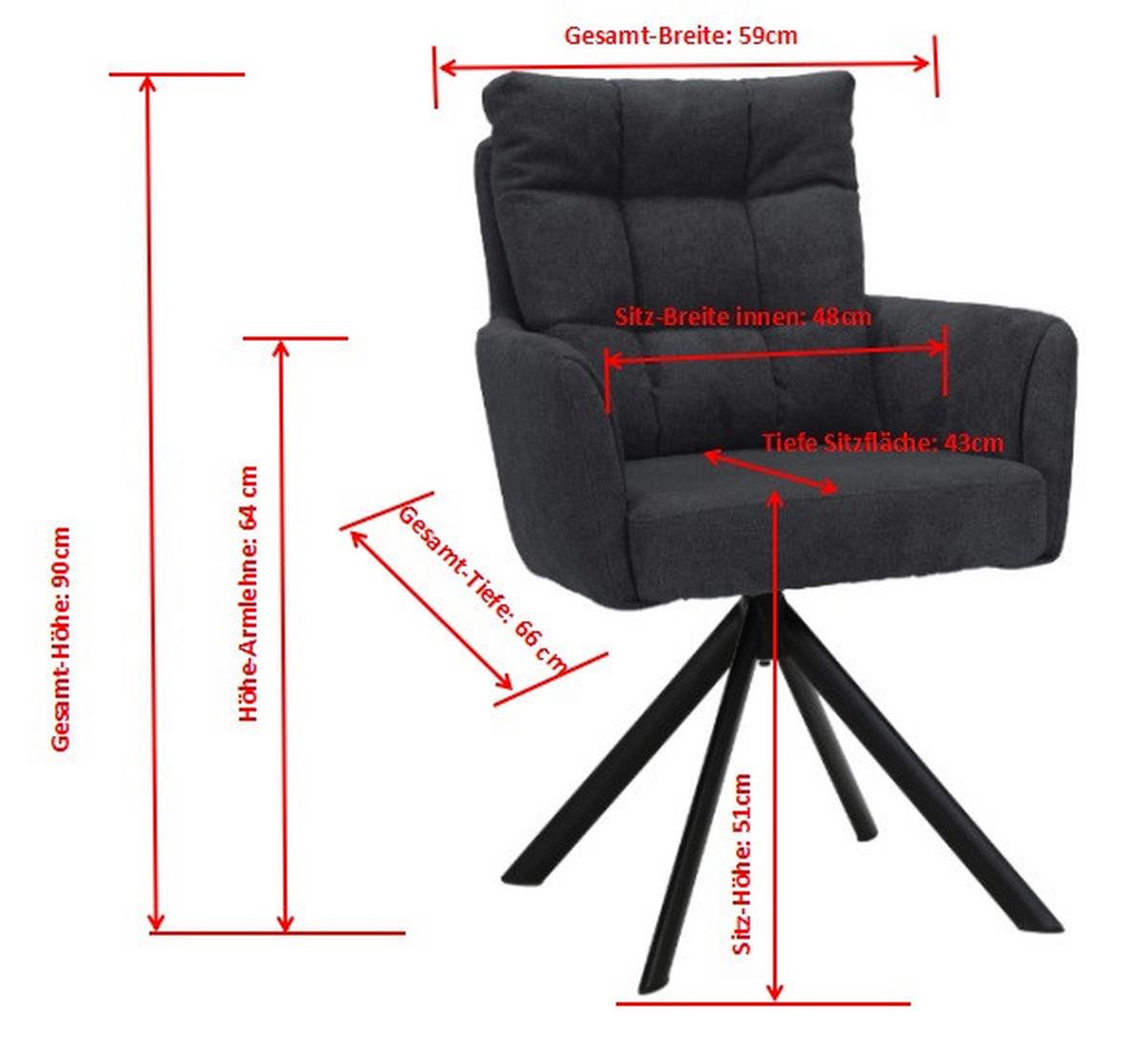 Armlehnstuhl Susan Dunkelgrau Schwarz/sitzfläche 360°drehbar - Dunkelgrau/Schwarz, KONVENTIONELL, Holz/Textil (59/90/66cm)