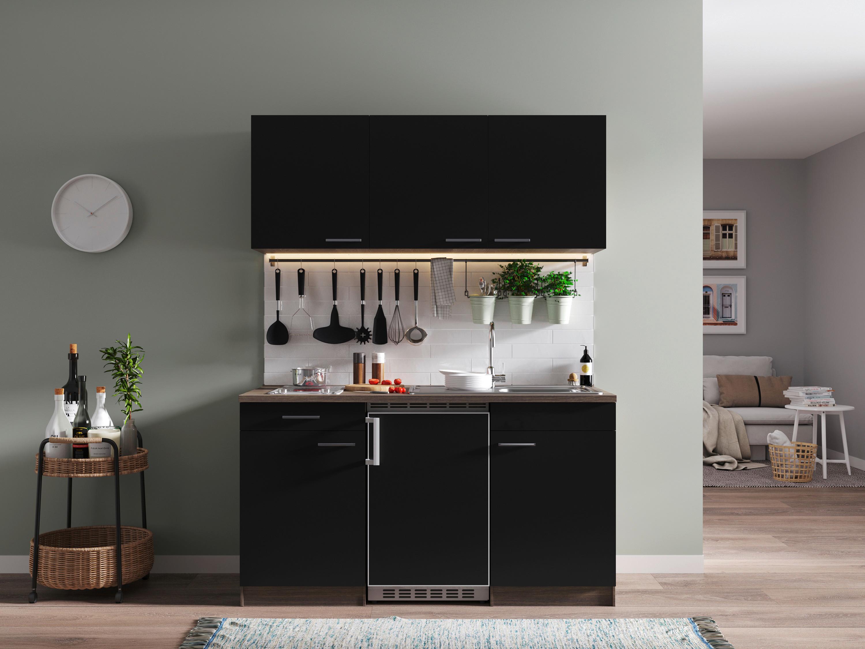 Miniküche Oliver Singleküche 150 cm - Eichefarben/Schwarz, Basics, Holzwerkstoff - Respekta