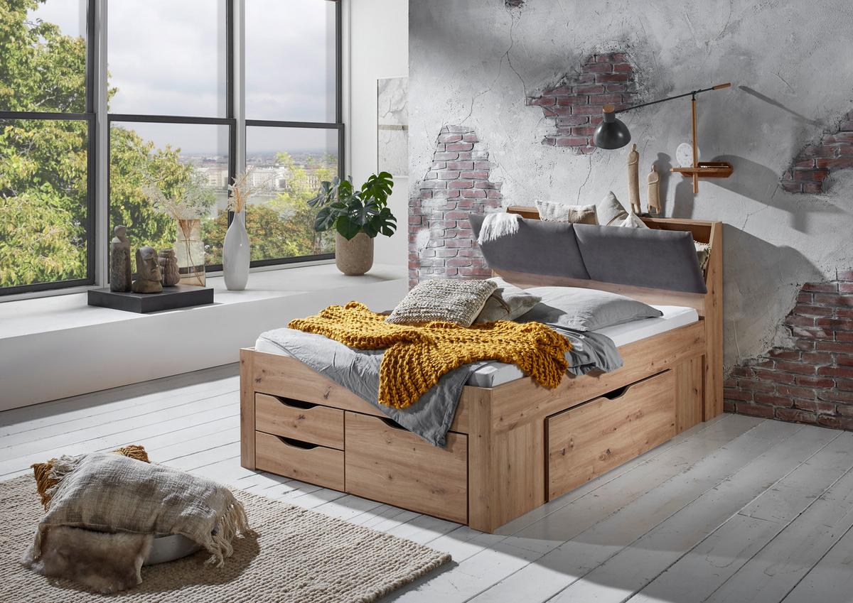 Tárolós Ágy Maxi 140/200 Cm - Artisan tölgy/szürke, Konventionell, faalapú anyag (140/200cm)