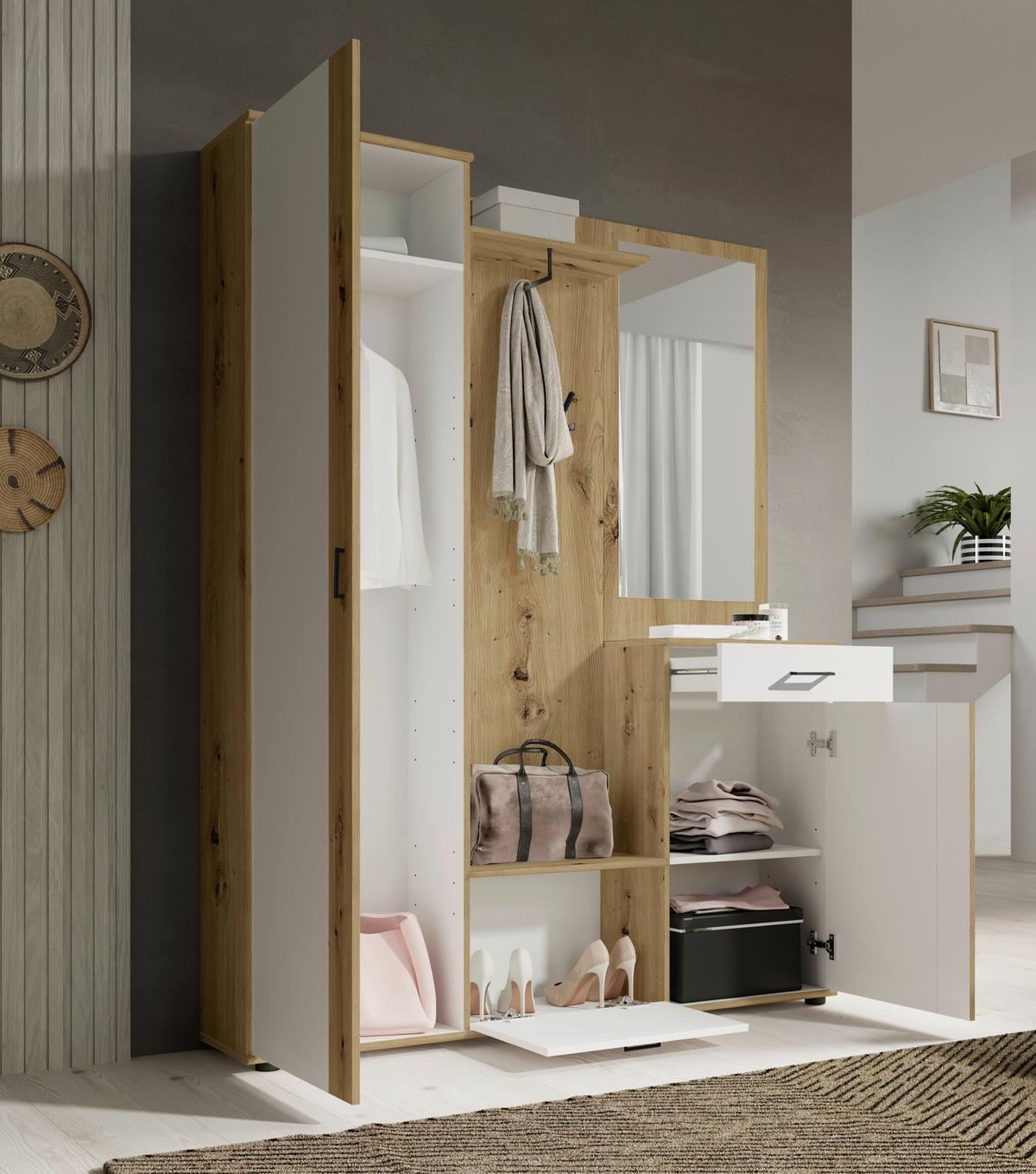 Garderobe Hanna Eiche Artisan/Weiß B: 145 cm - Weiß/Eiche Artisan, Design, Holzwerkstoff (145/184/29cm) - MID.YOU
