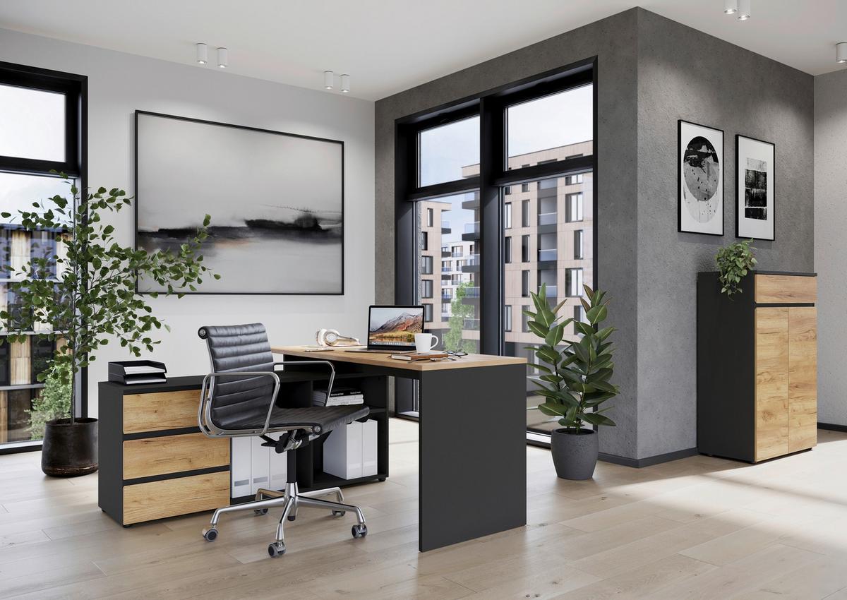 Eckschreibtisch Mit Stauraum B 146 Cm H 75 Cm Lissabon - Eichefarben/Graphitfarben, MODERN, Holzwerkstoff (146/75/145cm) - Germania