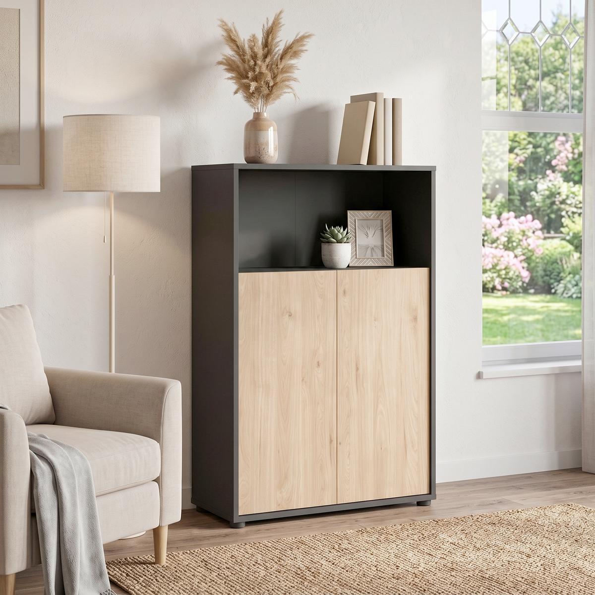 Highboard Sign Grau/Eichefarben, L: 79,6 cm - Eichefarben/Schwarz, MODERN, Holzwerkstoff (79,6/34,3/123,6cm) - P & B