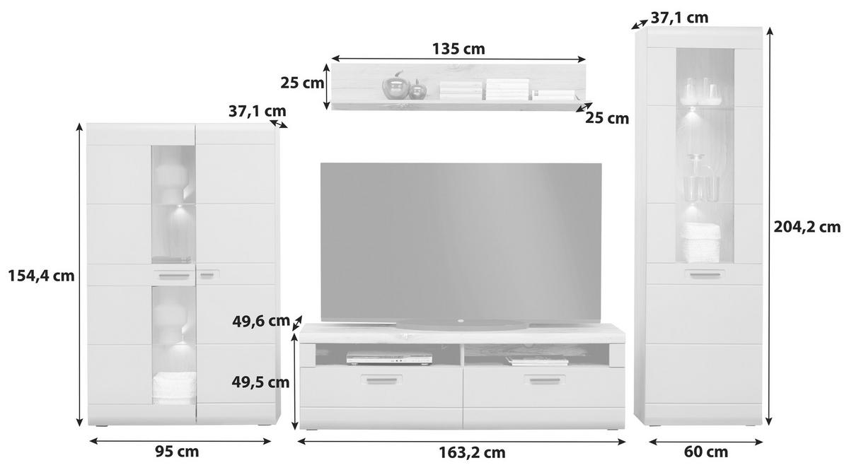 Wohnkombination 4-Tlg. Auris, Weiß/Eiche Dekor - Eichefarben/Weiß, MODERN, Glas/Holzwerkstoff (318,2/204,2/49,6cm) - Luca Bessoni