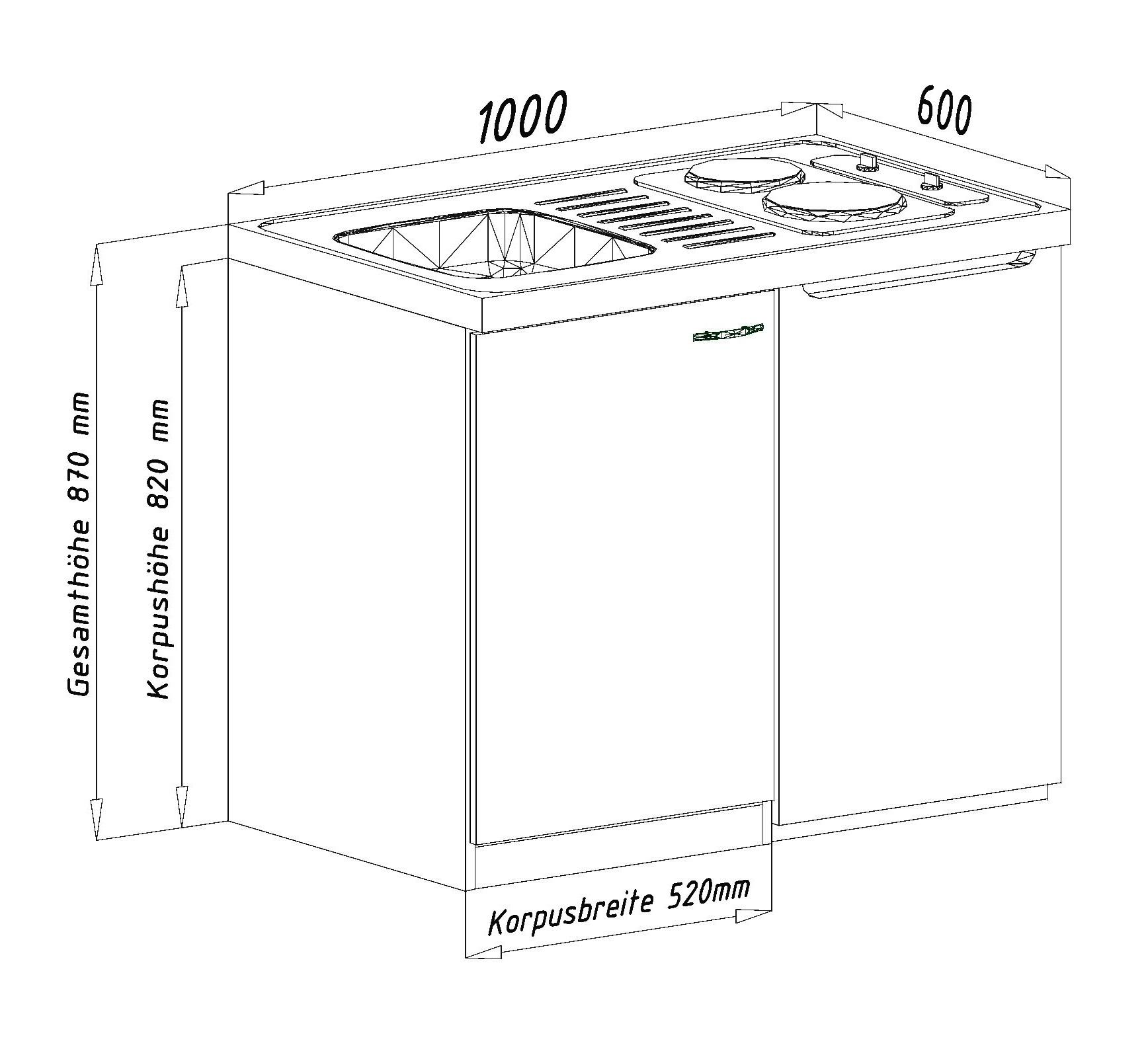 Miniküche mit Kühlschrank + Kochfeld 100 cm Weiß Dekor - Weiß, MODERN, Holzwerkstoff/Metall (100cm) - Respekta