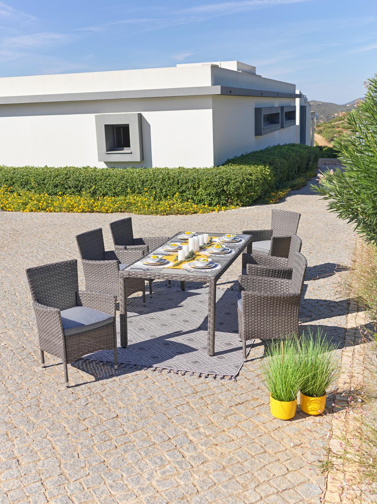 Gartengarnitur 7-teilig Eva Kunststoff/glas Mit Kissen - Braun/Grau, MODERN, Glas/Kunststoff - Luca Bessoni