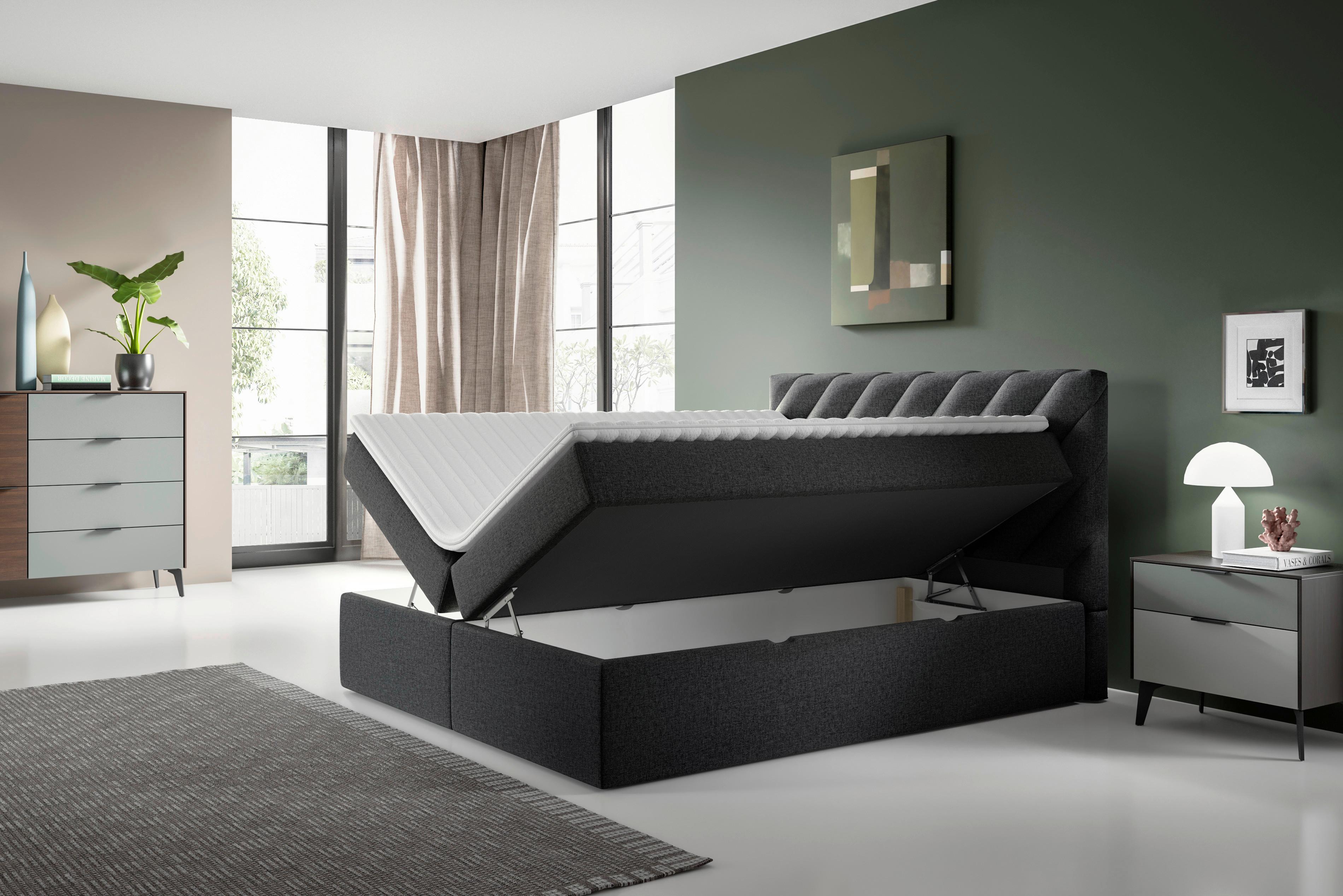 Boxspringbett mit Topper & Bettkasten 160x200 cm Gusto - Anthrazit/Schwarz, MODERN, Textil (160/200cm) - MID.YOU
