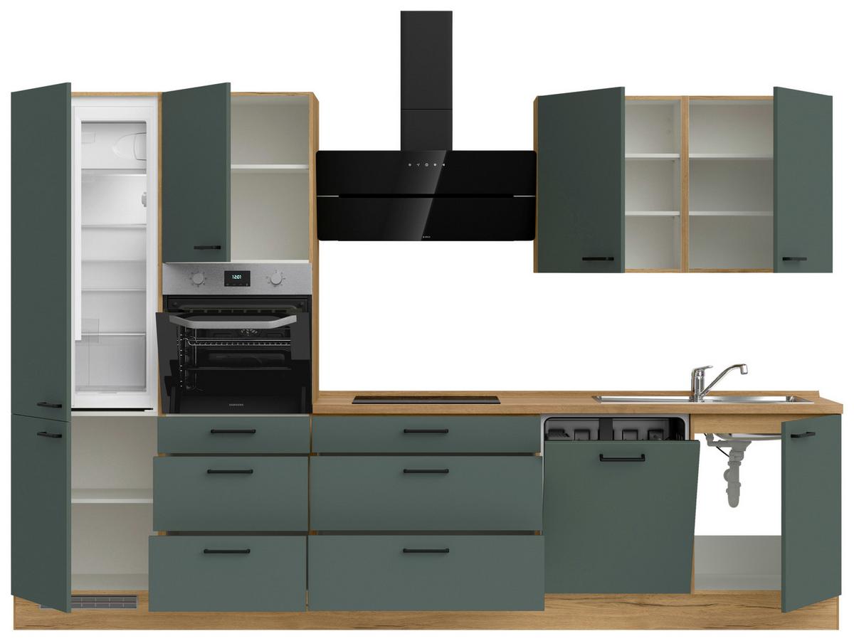 Kuchyňská linka 330 cm, minerální zelená,ultra matná - barvy dubu/černá, Moderní, kov/kompozitní dřevo (330cm) - Nobilia