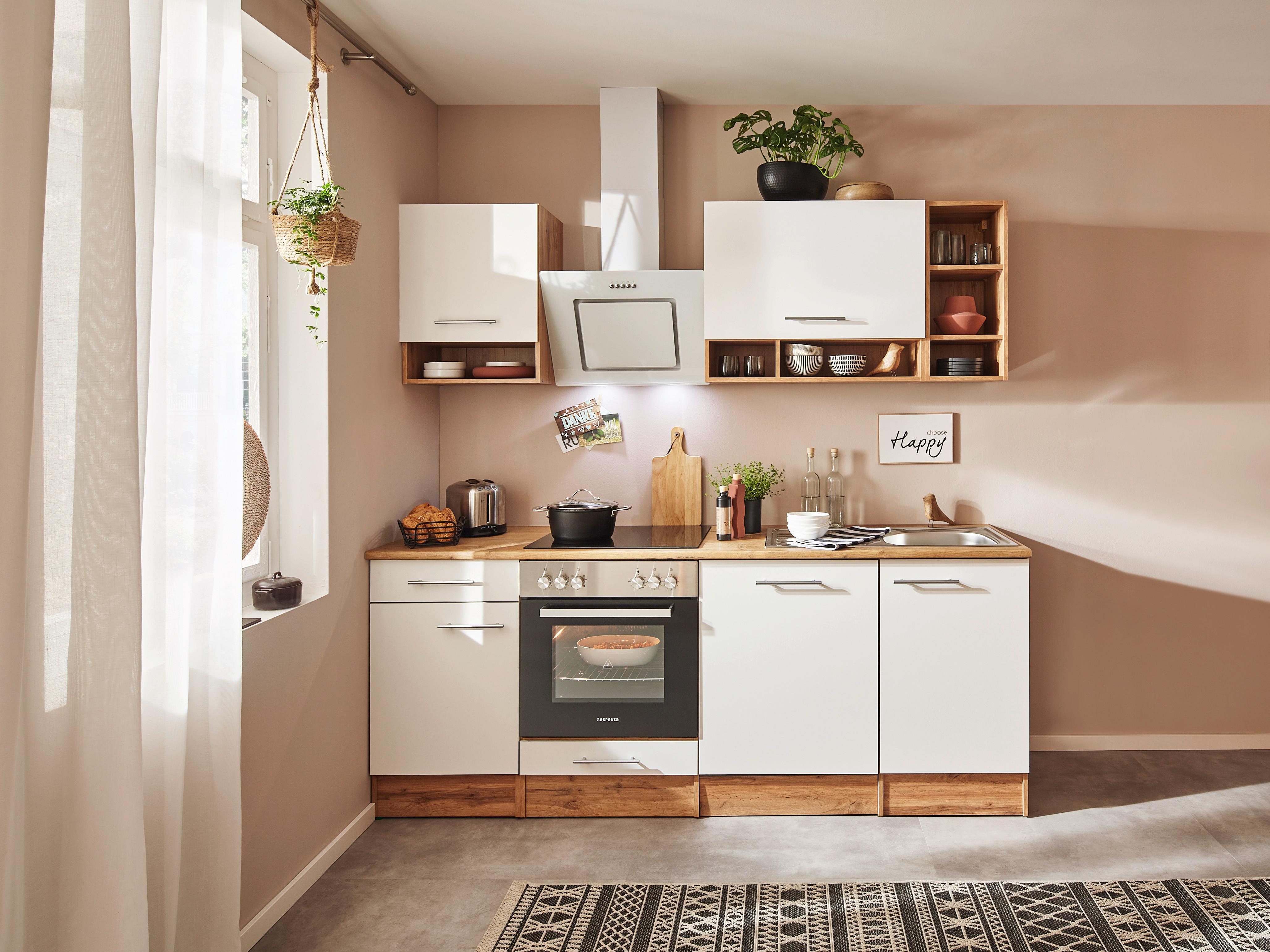 Küchenzeile mit Geräten B: 220 cm Eichefarben/Weiß - Eichefarben/Weiß, MODERN, Holzwerkstoff (220cm) - Respekta