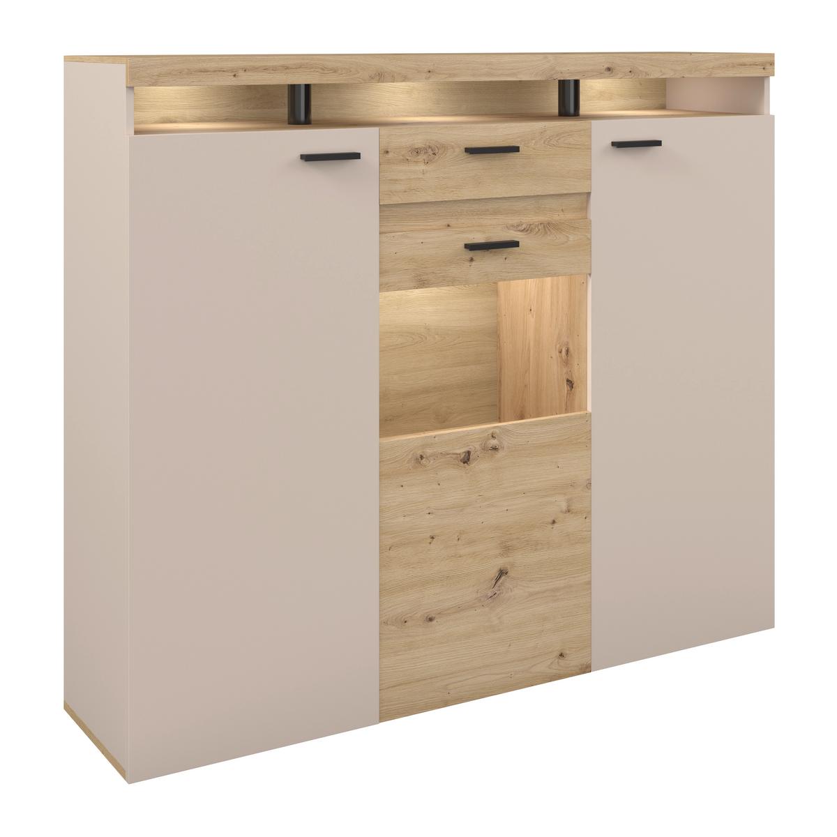Highboard Strada Giga Eiche Artisan/Kashmir, B:151cm - Kaschmir/Schwarz, Trend, Glas/Holzwerkstoff (151/129/37cm)