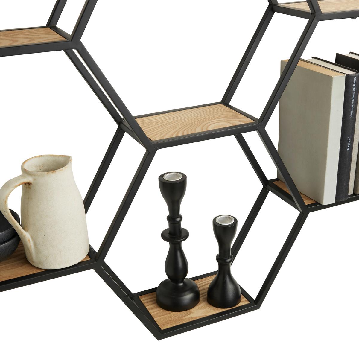 Nástěnný regál černá kov - černá/přírodní barvy, Lifestyle, kov/dřevo (88/63/12cm) - Premium Living