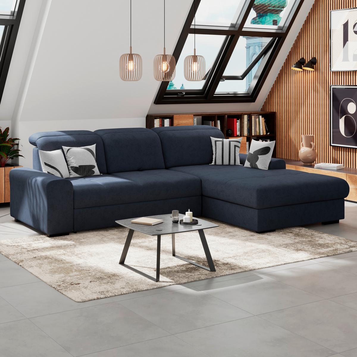 Ecksofa mit Bettfunktion Malaga new Chenille blau - Blau/Schwarz, KONVENTIONELL, Textil (286/203cm) - Ondega