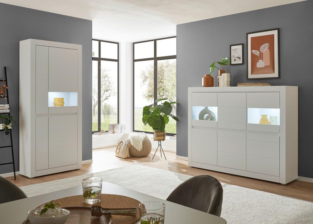 Vitrine Chester Weiß/Eichefarben B: 85cm - Eichefarben/Silberfarben, Design, Holzwerkstoff (85/198/35cm) - MID.YOU