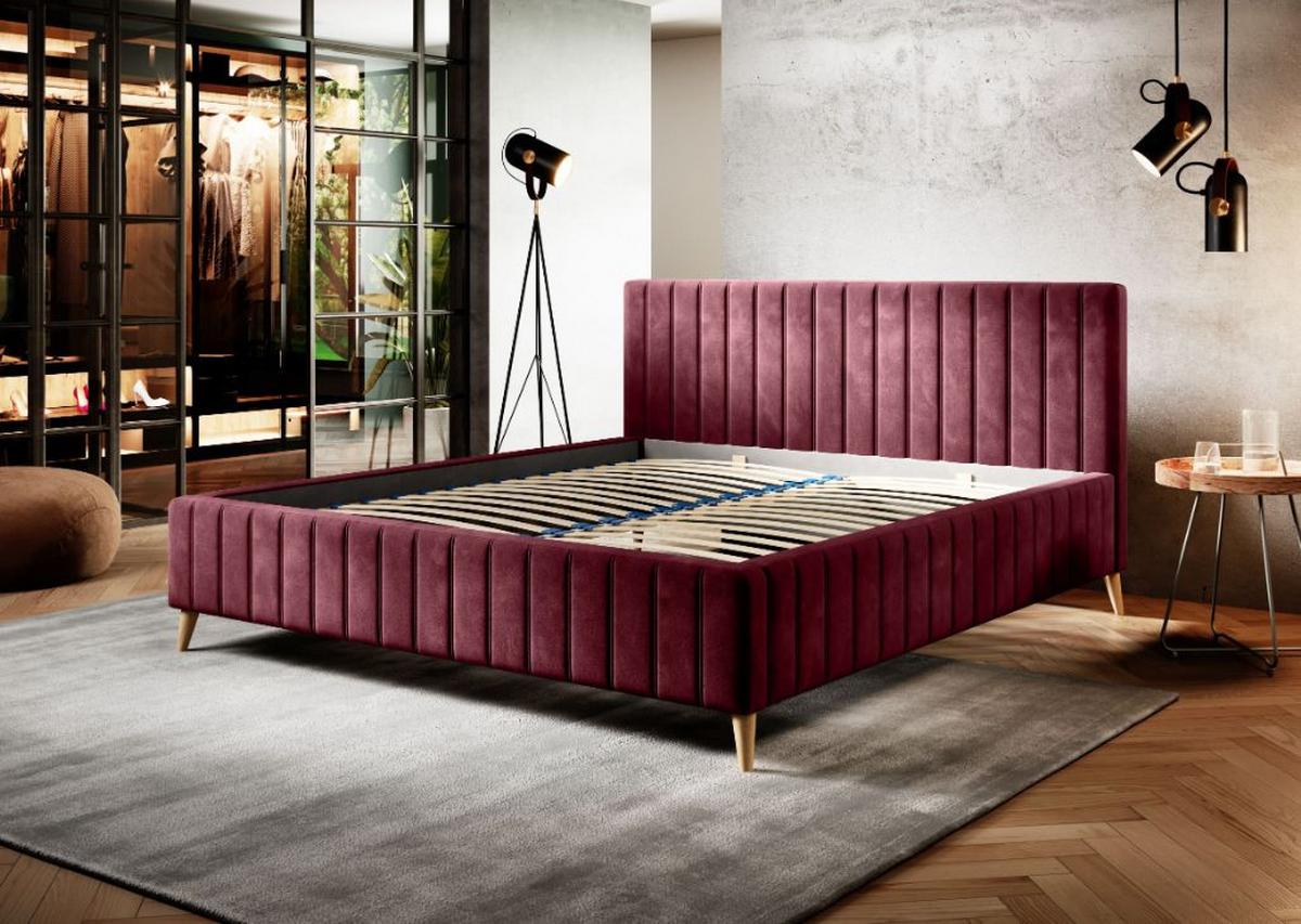Posteľ Tamina s roštom a úložným priestorom 140x200cm - prírodná farba/bordová, Design, drevo/textil (140/200cm)
