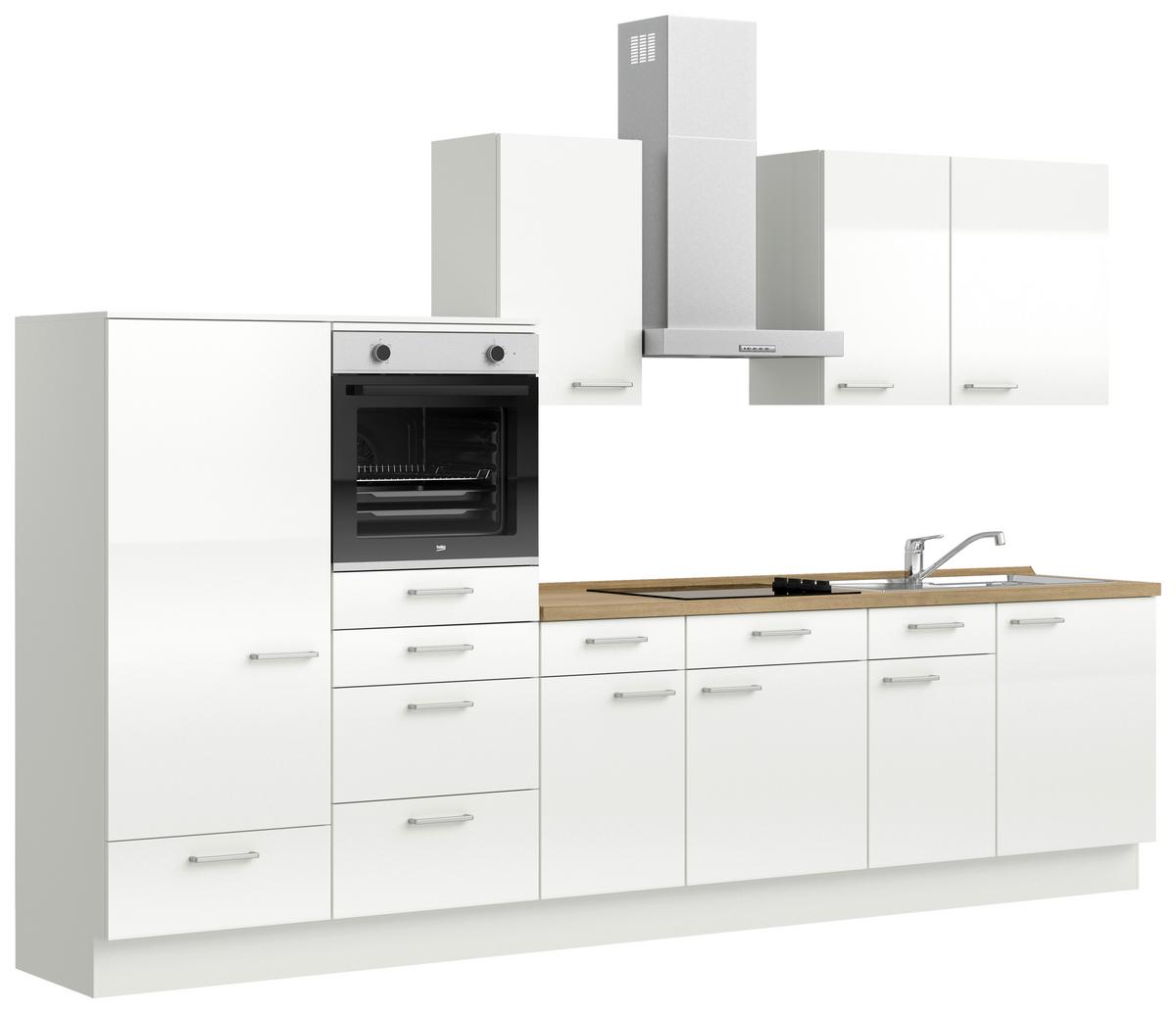 Kuchyňská linka 330 cm, alpská bílá vysoký lesk - barvy dubu/vysoce lesklá bílá, Moderní, kov/kompozitní dřevo (330cm) - Nobilia