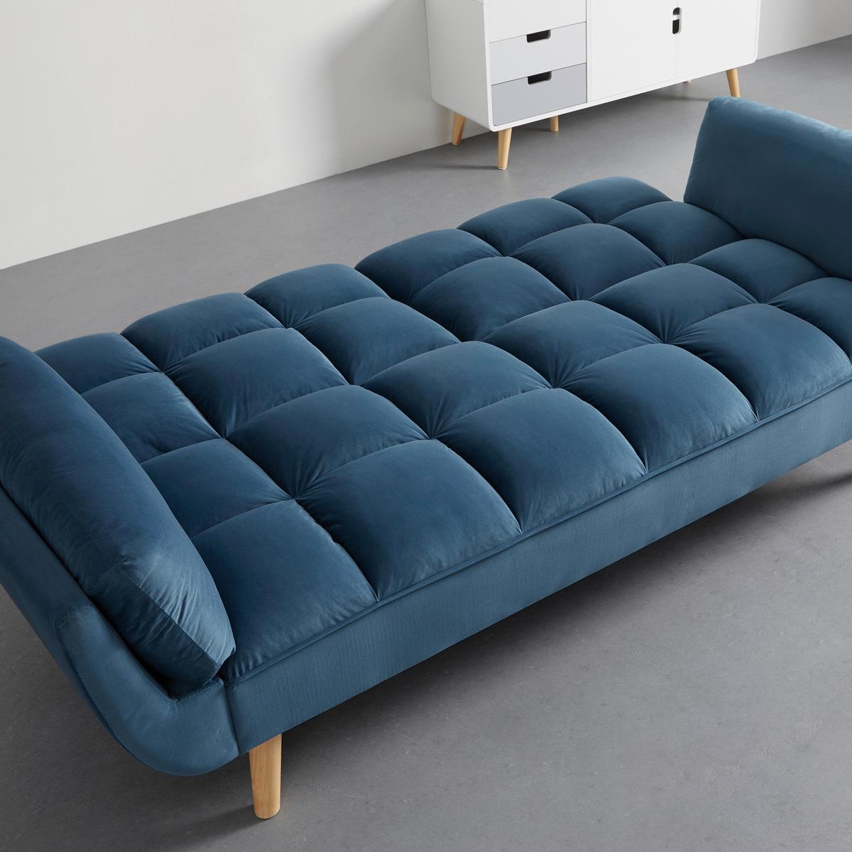 Rozkladacia pohovka CORA, modrý zamat, max. 360 kg - modrá/prírodná farba, Modern, drevo/textil (214/92/81cm) - Bessagi Home