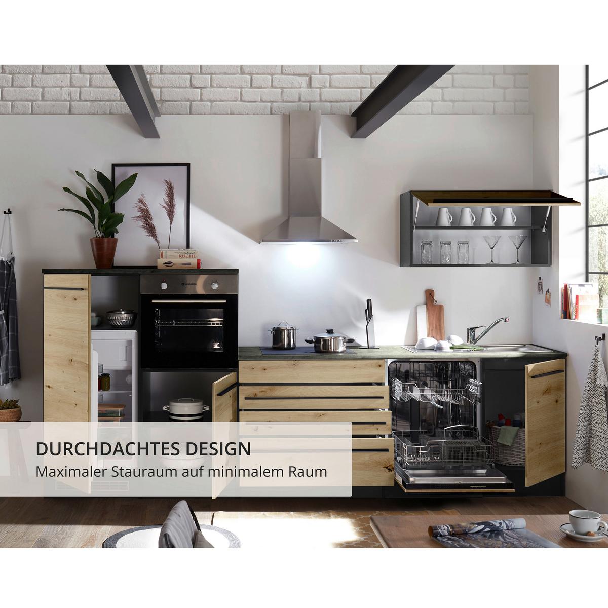 Küchenzeile Jazz4 Mit Geräten B: 320cm Anthrazit/eiche Dekor - Anthrazit/Eiche Artisan, Basics, Holzwerkstoff (320cm) - MID.YOU