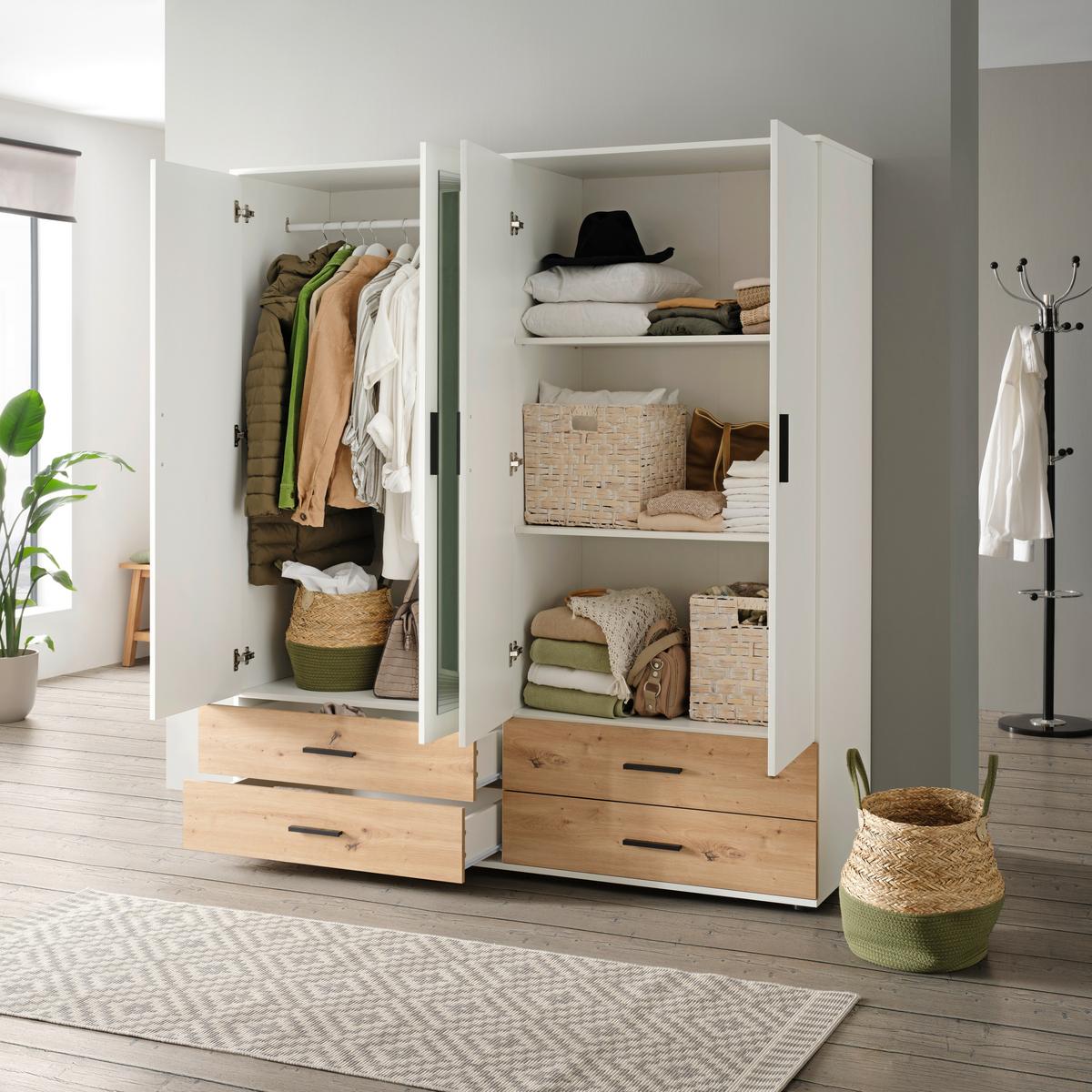 Šatní skříň se zrcadlem a zásuvkami Rasant, bílá/dub - bílá/černá, Konvenční, kompozitní dřevo/plast (168/188/52cm)