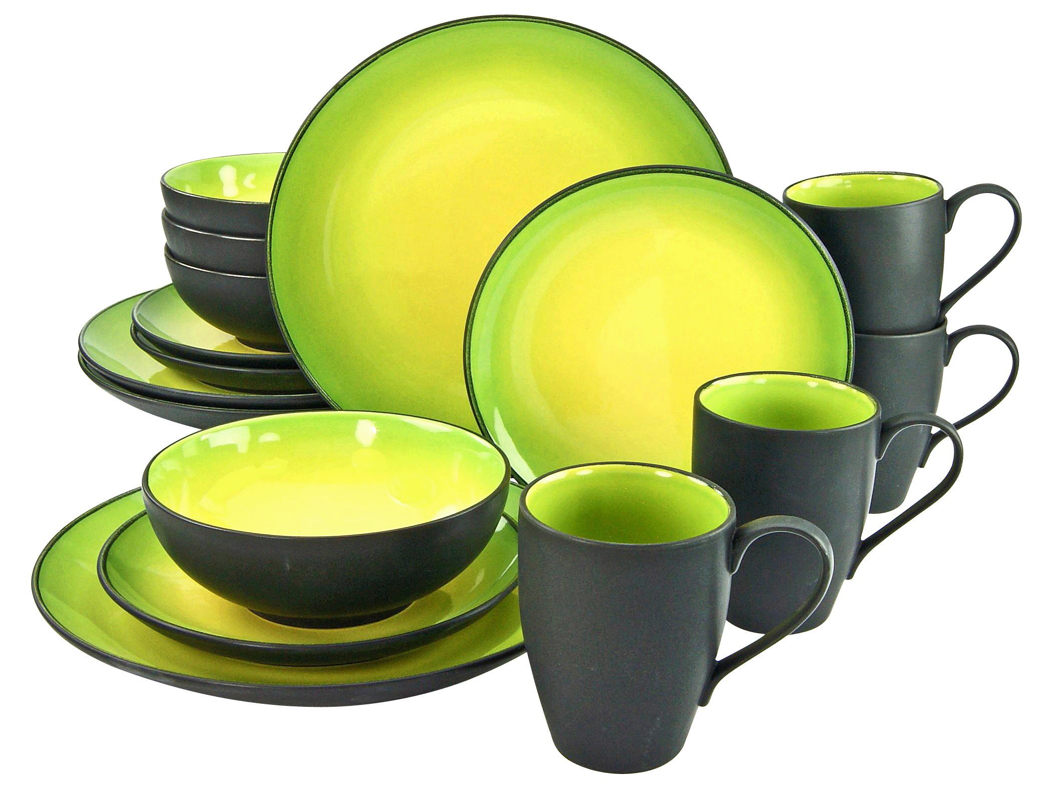 Kombiservice Keramik 4 Personen Geschirr Set - Schwarz/Grün, Basics, Keramik - Creatable