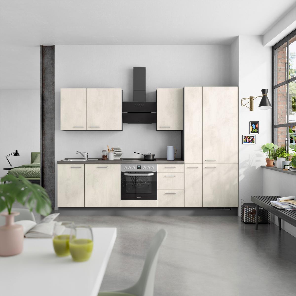 Kuchynská linka 300CM biely betón/ bridlicová šedá - biela/farba ušľachtilej ocele, Modern, kov/kompozitné drevo (300cm) - Nobilia