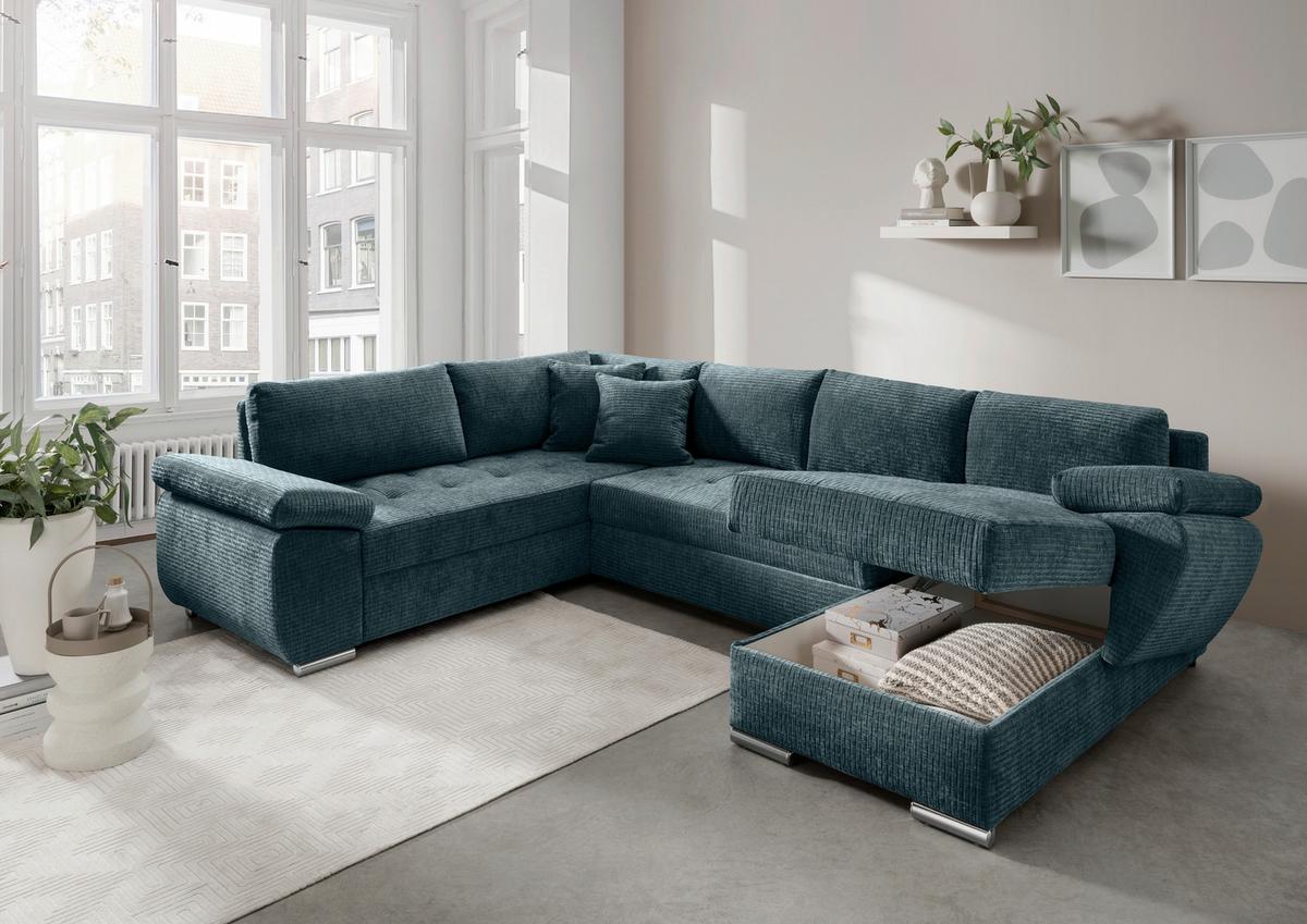 Wohnlandschaft Terana Blau mit Schlaffunktion, Mikrofaser - Chromfarben/Blau, KONVENTIONELL, Textil (219/305/157cm) - Livetastic