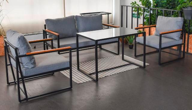 Loungegarnitur 4-Tlg. Messina Metall/Holz/Glas mit Kissen - Schwarz/Grau, MODERN, Glas/Holz (66/68/73cm) - Beldano