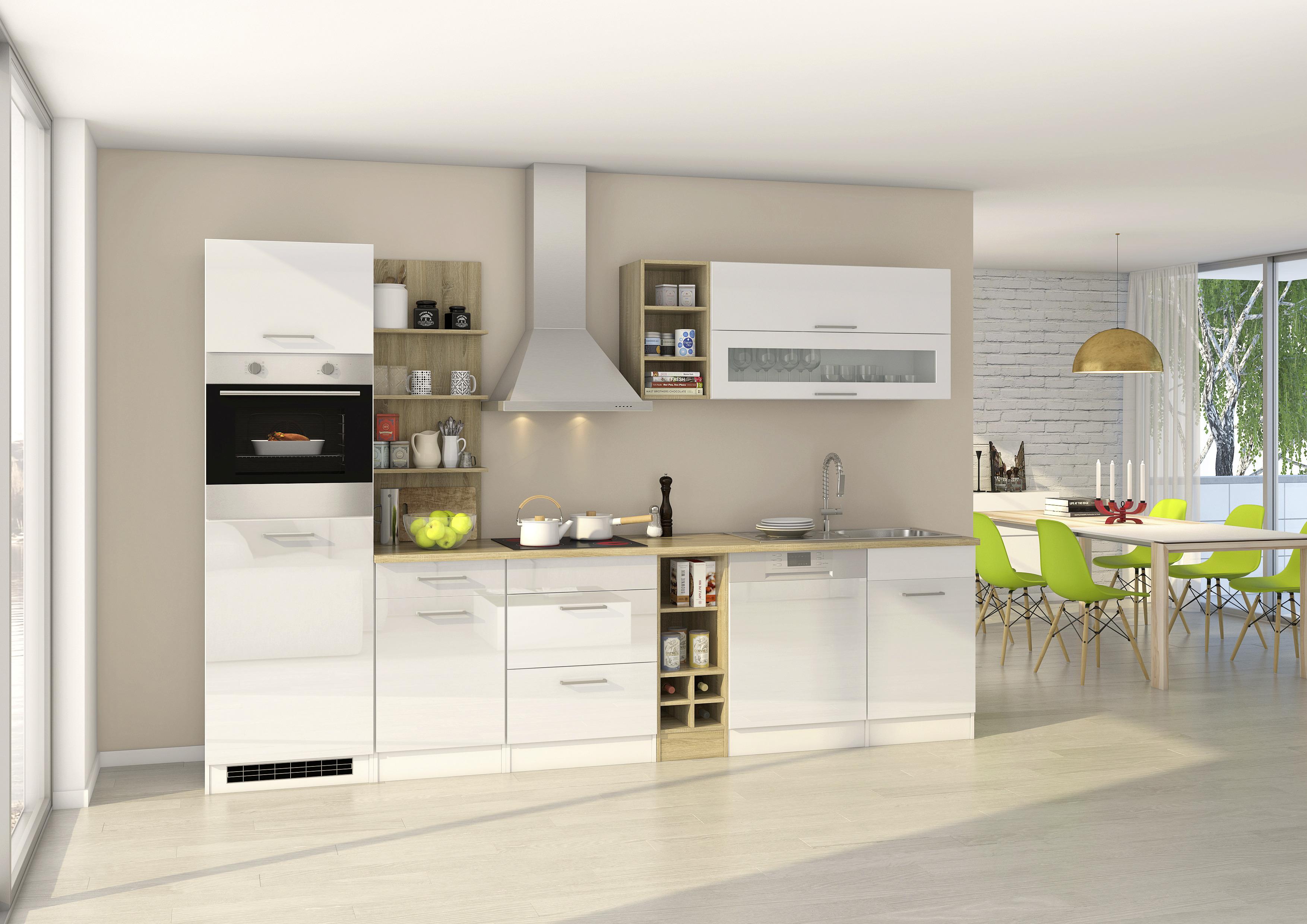 Küchenzeile Mailand mit Geräten 310 cm Weiß Elegant - Eichefarben/Weiß, MODERN, Holzwerkstoff (310cm) - MID.YOU