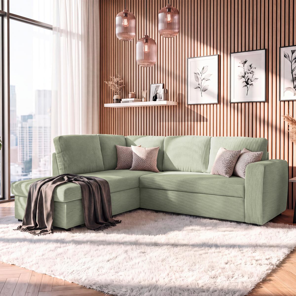 Ecksofa mit Schlaffunktion Toulouse Cord kaki, 206x224cm - Khaki/Schwarz, Trend, Holz/Textil (206/224cm)
