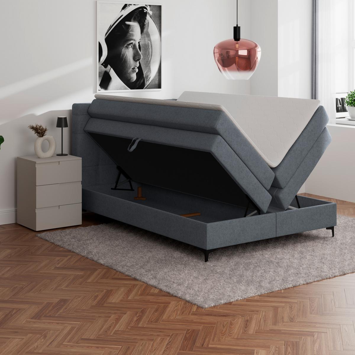 Boxspringbett MITTO Blaugrau 140x200 cm - Blaugrau/Schwarz, KONVENTIONELL, Textil/Metall (140/200cm)