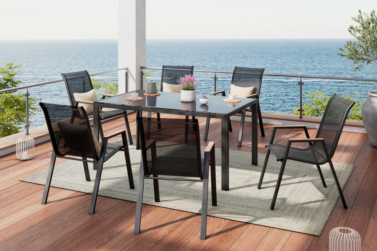 Gartenmöbel Set 7-Tlg. Latina aus Metall/Textil/Glas - Schwarz, MODERN, Glas/Textil (54,5/150/91/72/74/85cm) - Luca Bessoni