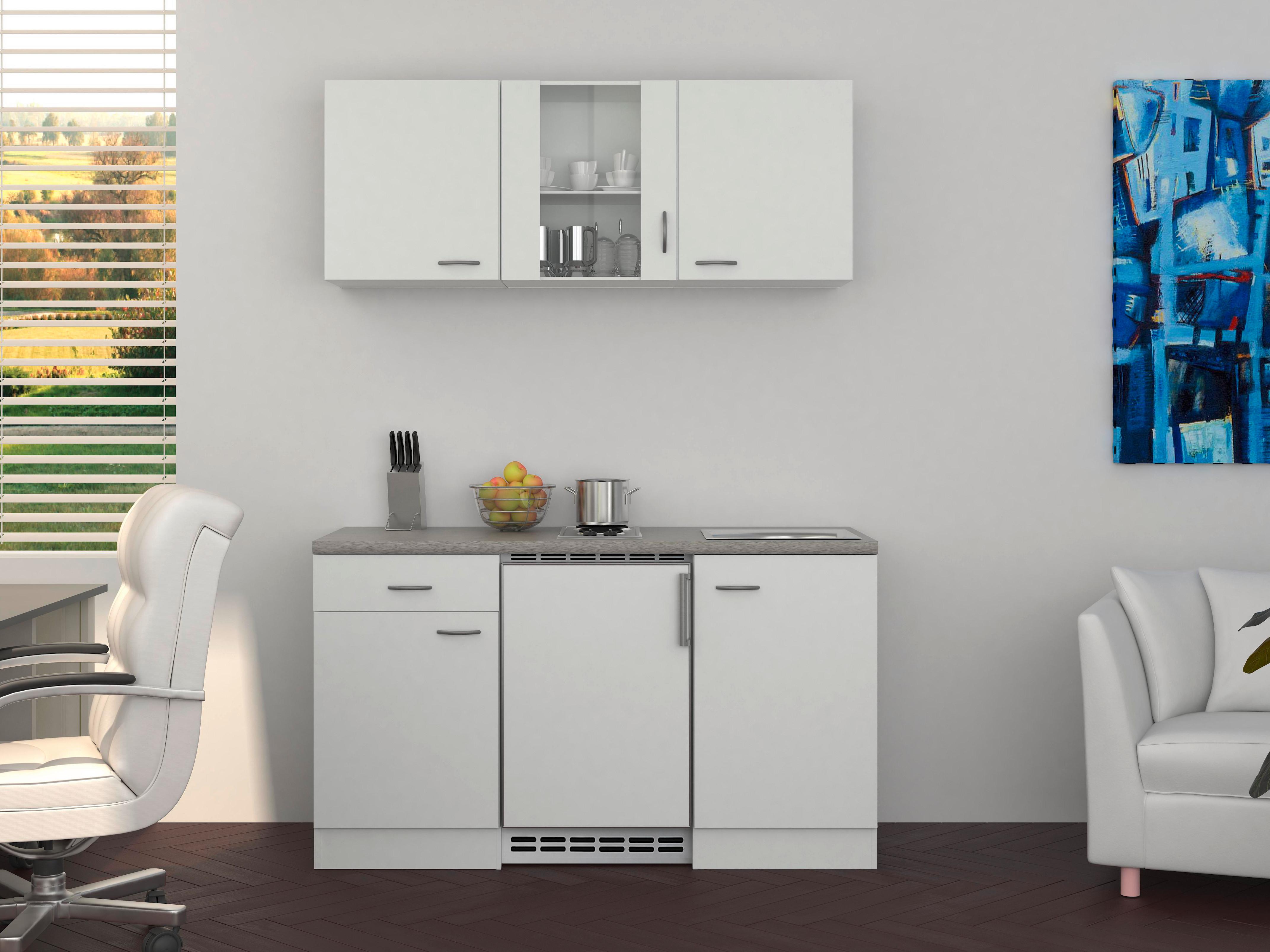 Miniküche mit Kühlschrank + Kochfeld 150 cm Weiß Dekor - Edelstahlfarben/Weiß, MODERN, Glas/Holzwerkstoff (150cm) - FlexWell
