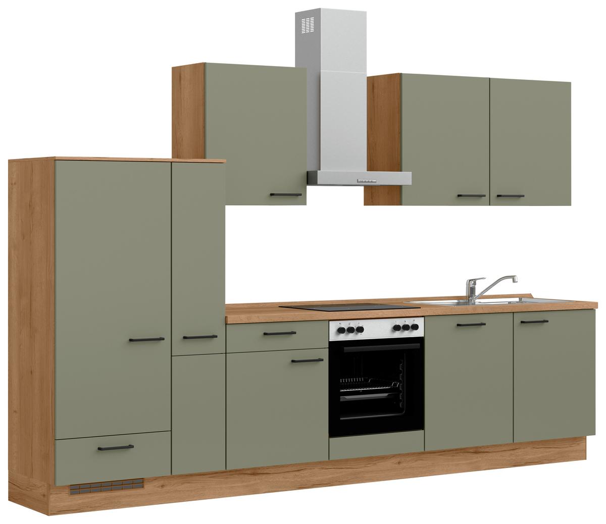 Kuchyňská linka 330 cm, olivově zelená - barvy dubu/černá, Moderní, kov/kompozitní dřevo (330cm) - Nobilia