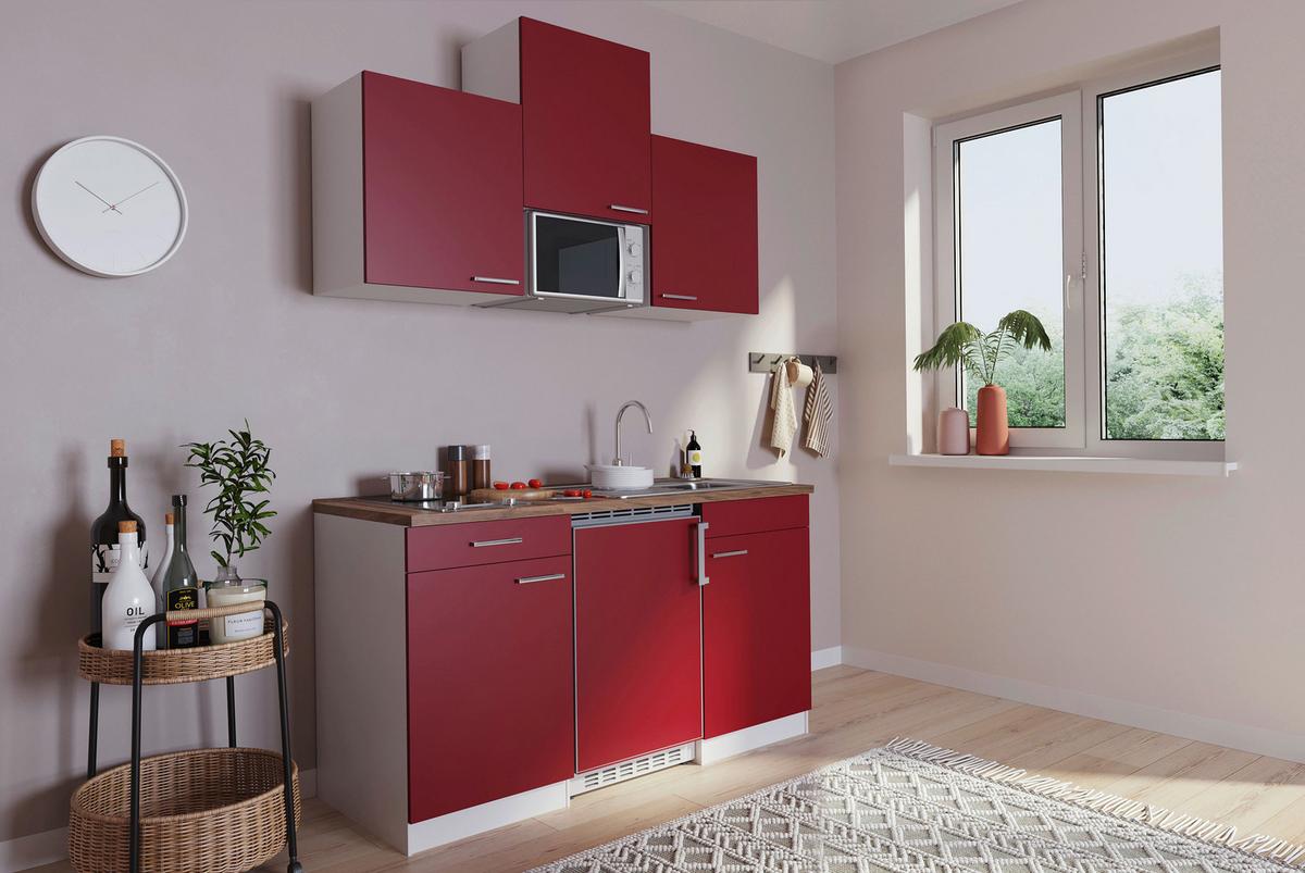 Miniküche Economy M. Geräten 150 Cm Rot/nussbaum Dekor - Rot/Nussbaumfarben, Basics, Holzwerkstoff (150cm) - Respekta