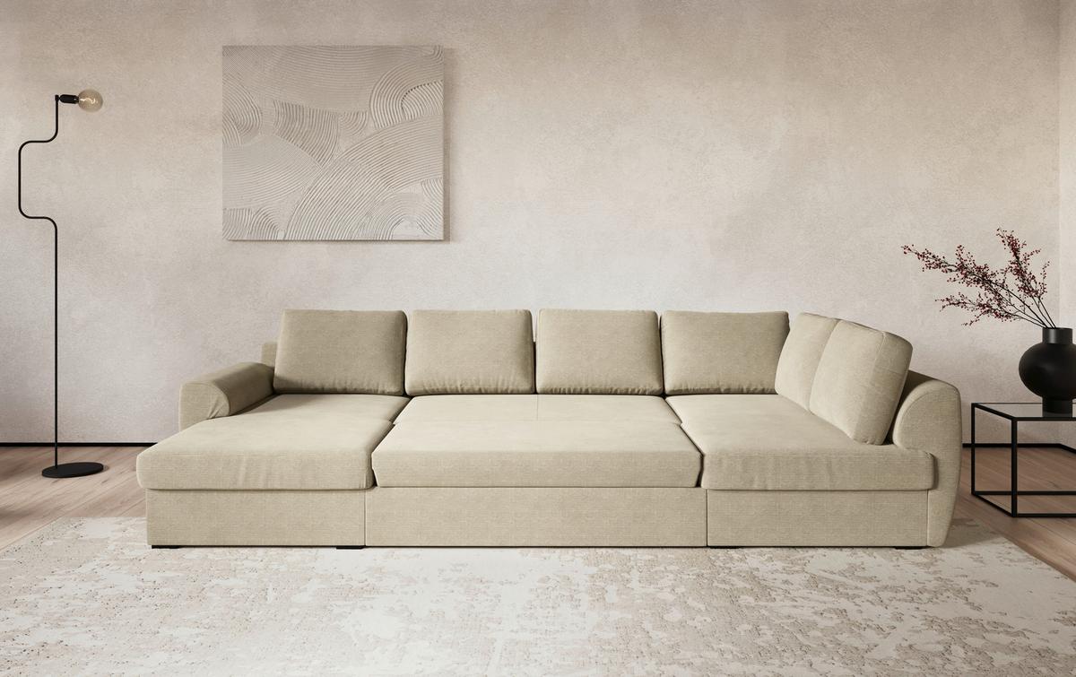 Wohnlandschaft m. Bettfunktion Cord beige, B: 327cm - Beige/Schwarz, Trend, Textil (154/327/86cm) - MID.YOU