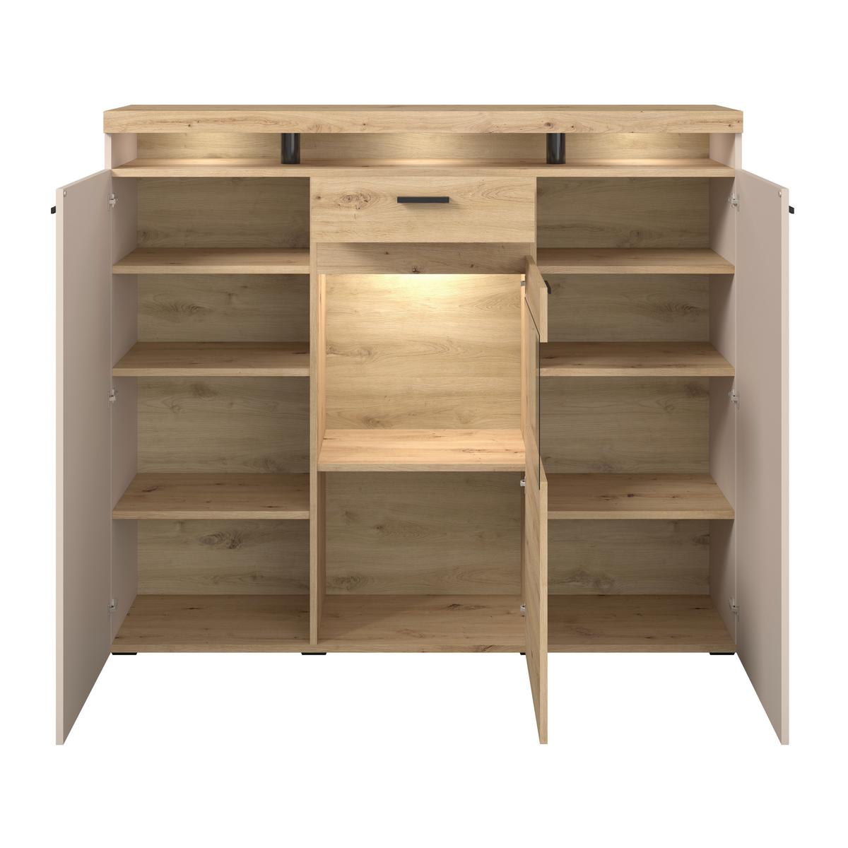 Highboard Strada Giga Eiche Artisan/Kashmir, B:151cm - Kaschmir/Schwarz, Trend, Glas/Holzwerkstoff (151/129/37cm)