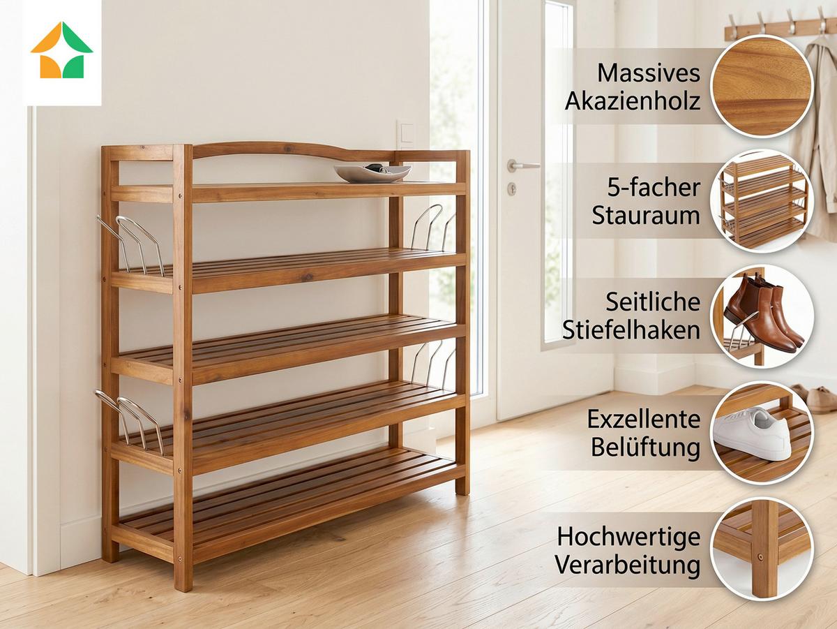 Schuhregal aus Akazie 5-Etagen LxBxH: 26x82x94 cm - Akaziefarben, Basics, Holz (26/82/94cm) - Prestige Home