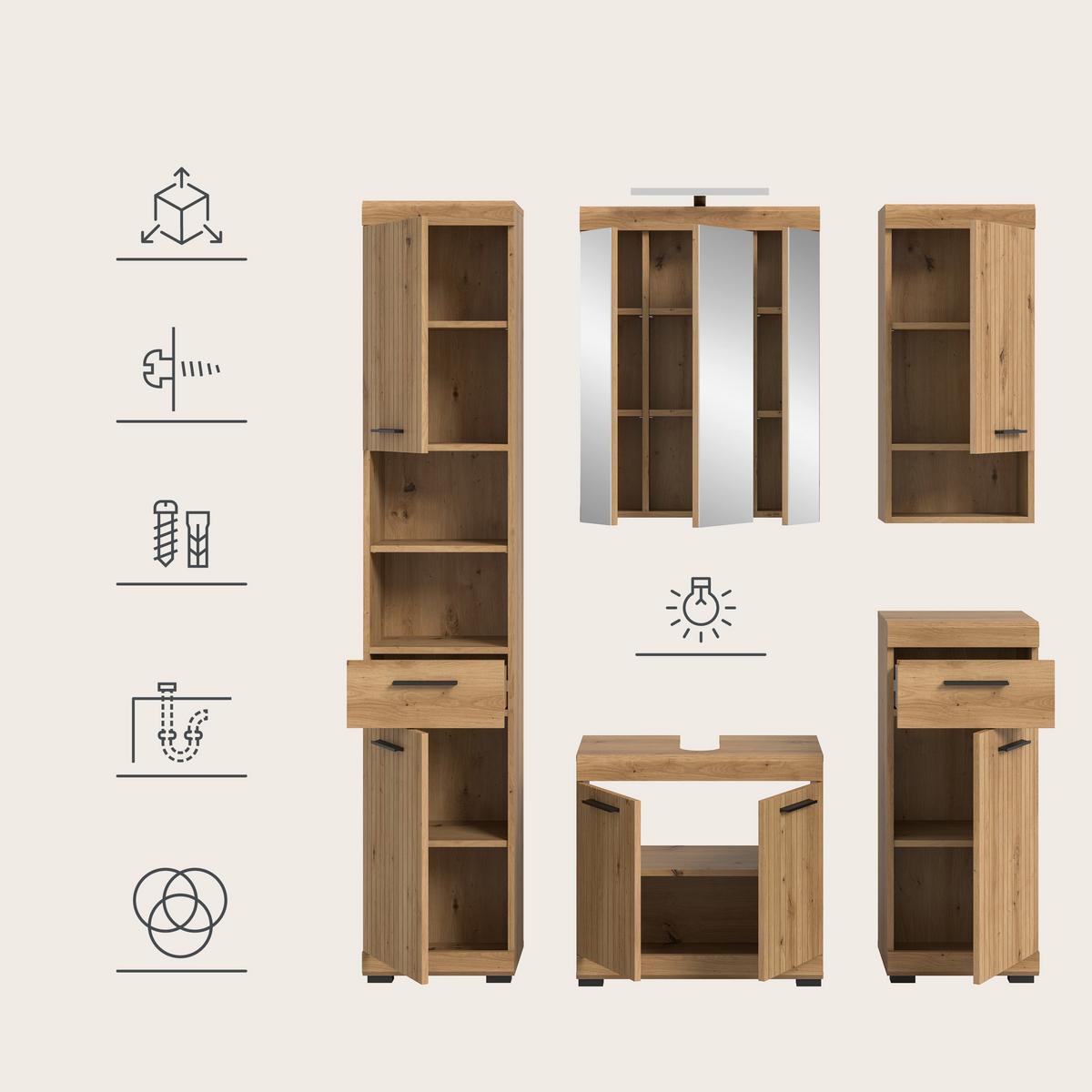 Badezimmer Scout Eiche Artisan Dekor B: 134cm - Eiche Artisan, Trend, Glas/Holzwerkstoff (134cm) - MID.YOU