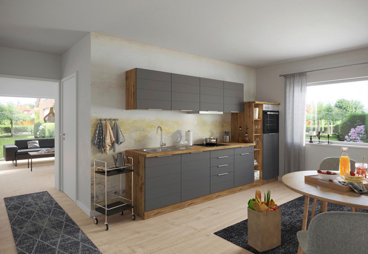 Küchenzeile Florenz mit Geräten 330 cm Grau/Eichefarben - Eiche Wotan/Grau, Design, Holzwerkstoff (330cm) - Held