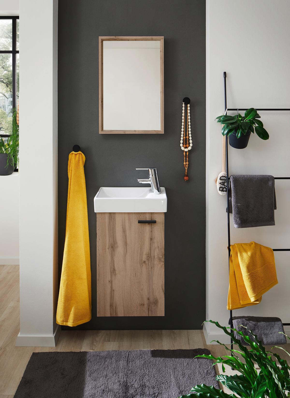 Hosťovská kúpeľňa AMY - divoký dub/biela, Modern, kompozitné drevo/sklo (41/165/23cm) - Mömax