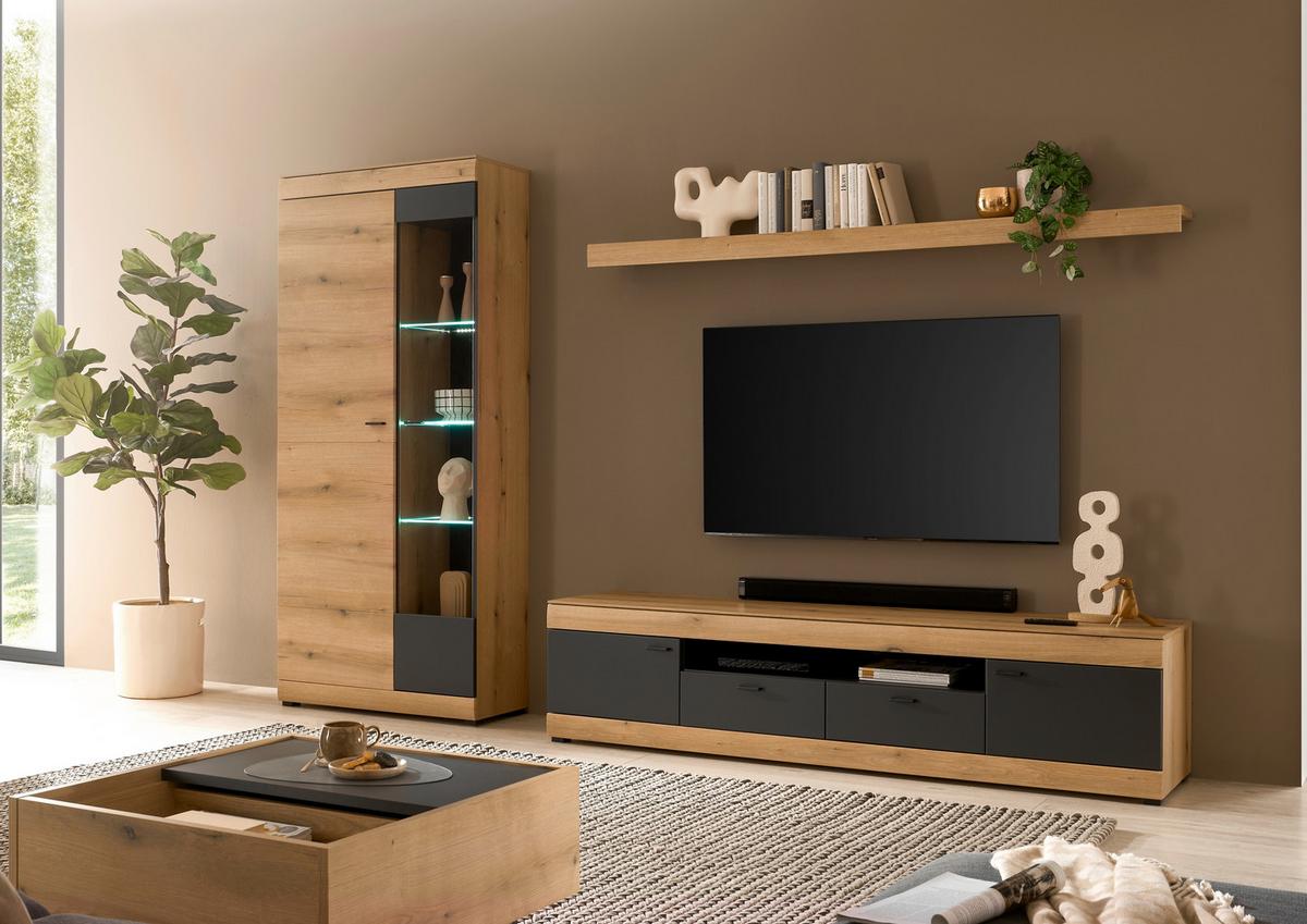 Wohnwand Soleto Graphit/Eichefarben B: 300cm - Eichefarben/Schwarz, Design, Glas/Holzwerkstoff (300/201/45cm) - MID.YOU